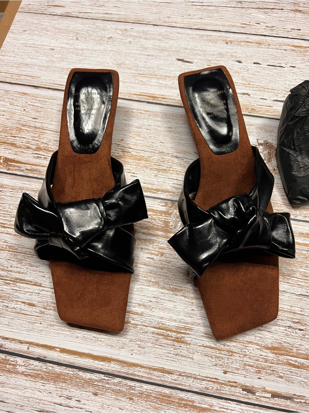 Brown Suede Slide Sandals with Black Bow Accent
